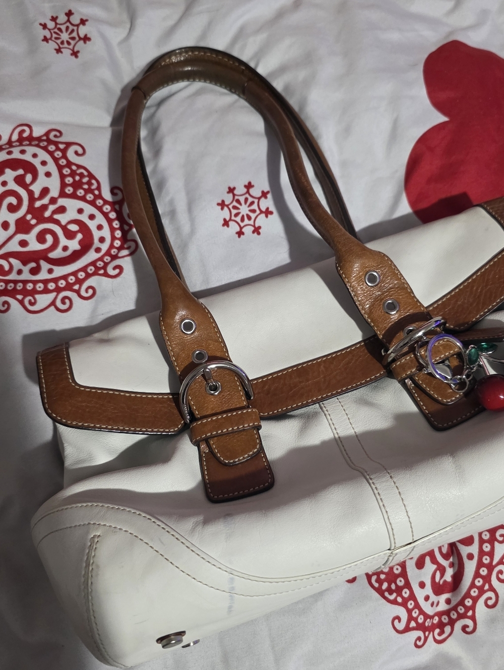 Coach White and Brown Leather Shoulder Bag with Buckle Accents